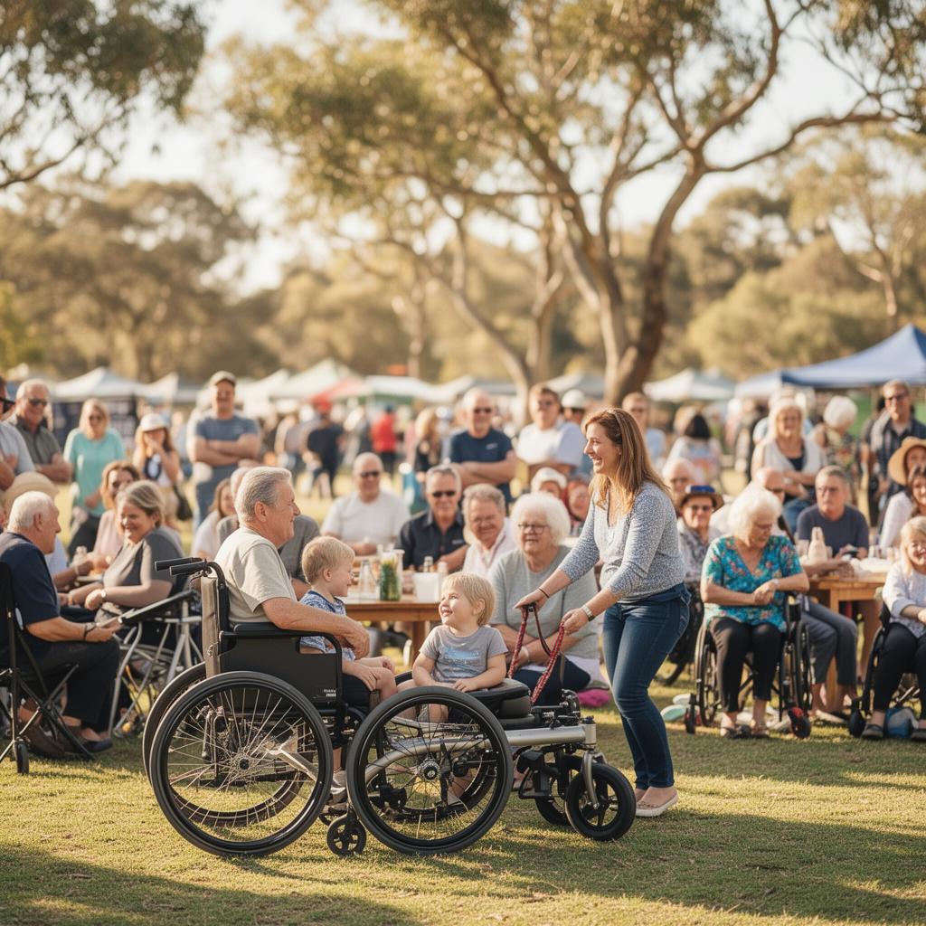 People of mixed ages and abilities connecting at a sunny community event