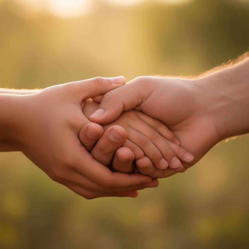 An adult hand gently holding a younger hand in warm natural light