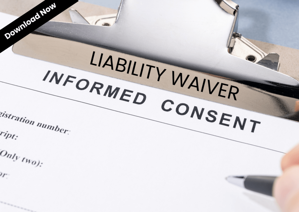 Close-up of a liability waiver and informed consent form for support workers on a clipboard.